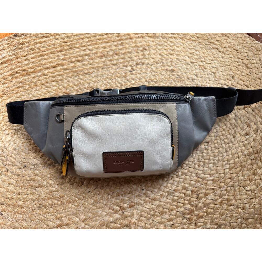 Coach Colorblock Leather Track Belt Bag Crossbody Fanny Pack Grey/Brown/Cream